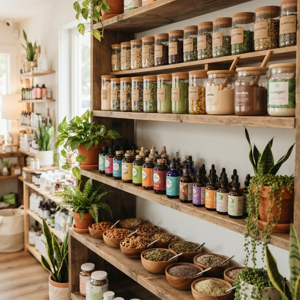 Darlings Life boutique wellness store shelves with herbal teas, supplements and plant-based products