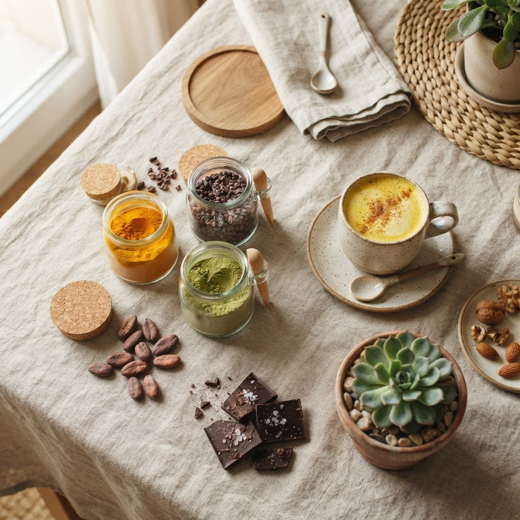 Curated wellness spread with superfood jars and artisan treats