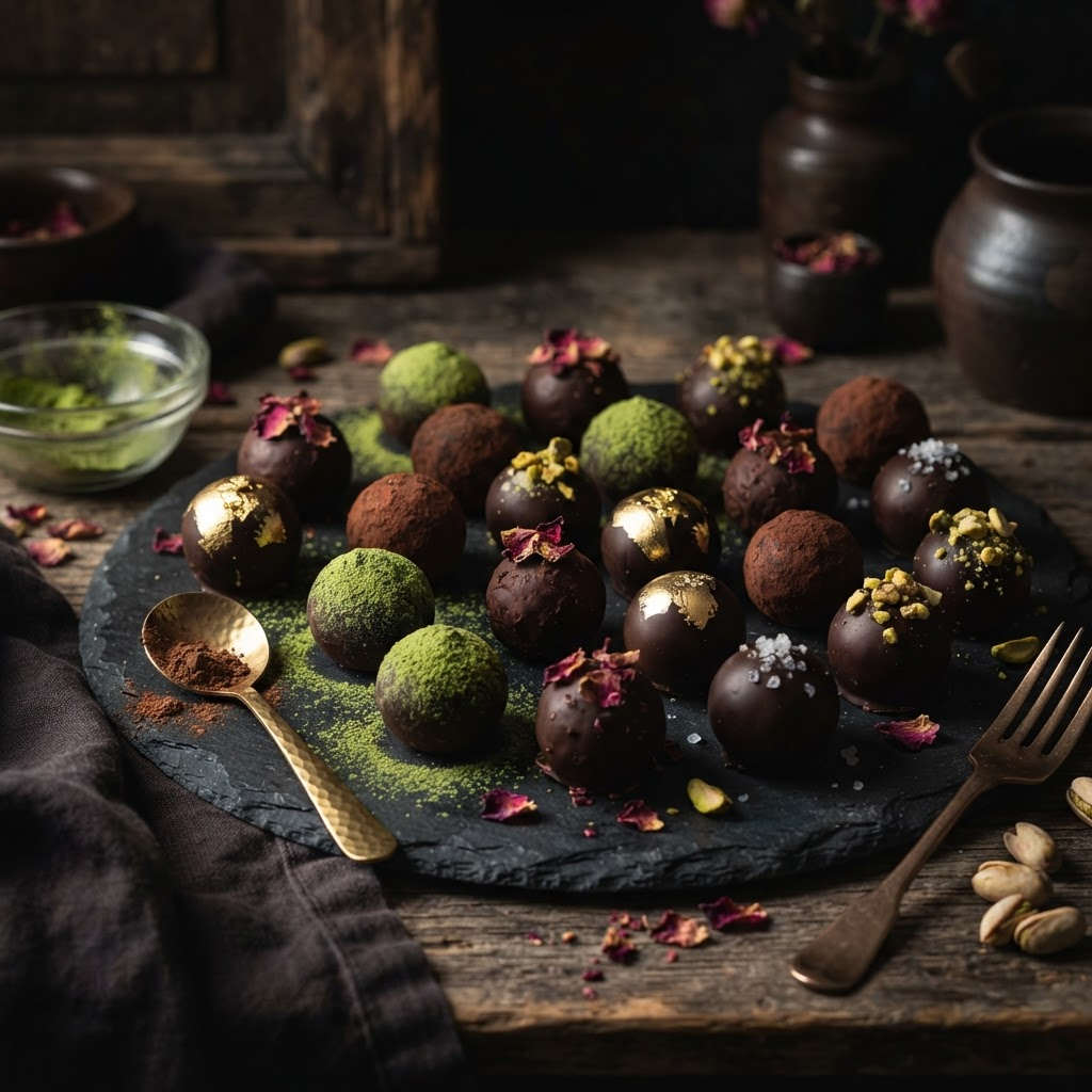 Artisan dark vegan chocolate truffles dusted with matcha and cacao on dark background