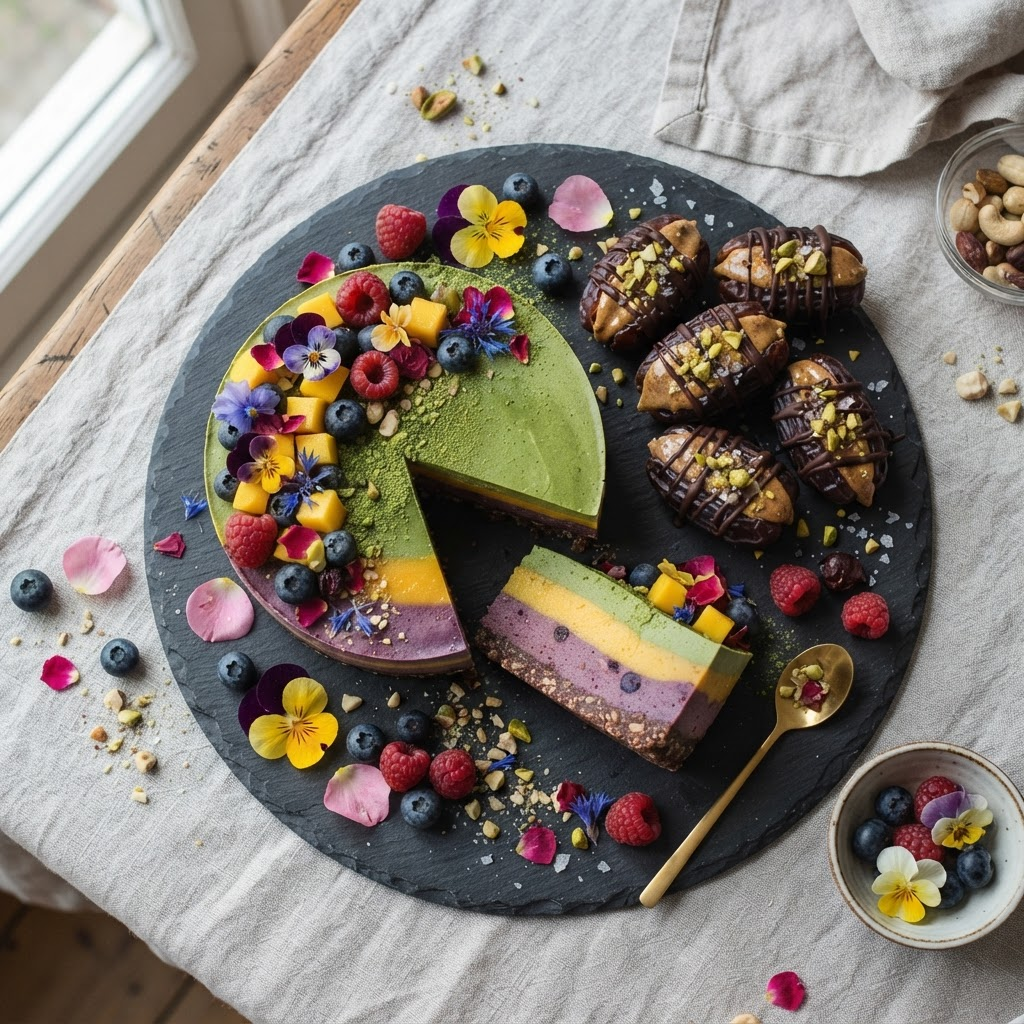 Layered raw vegan cakes and stuffed Medjool dates with edible flowers on dark slate