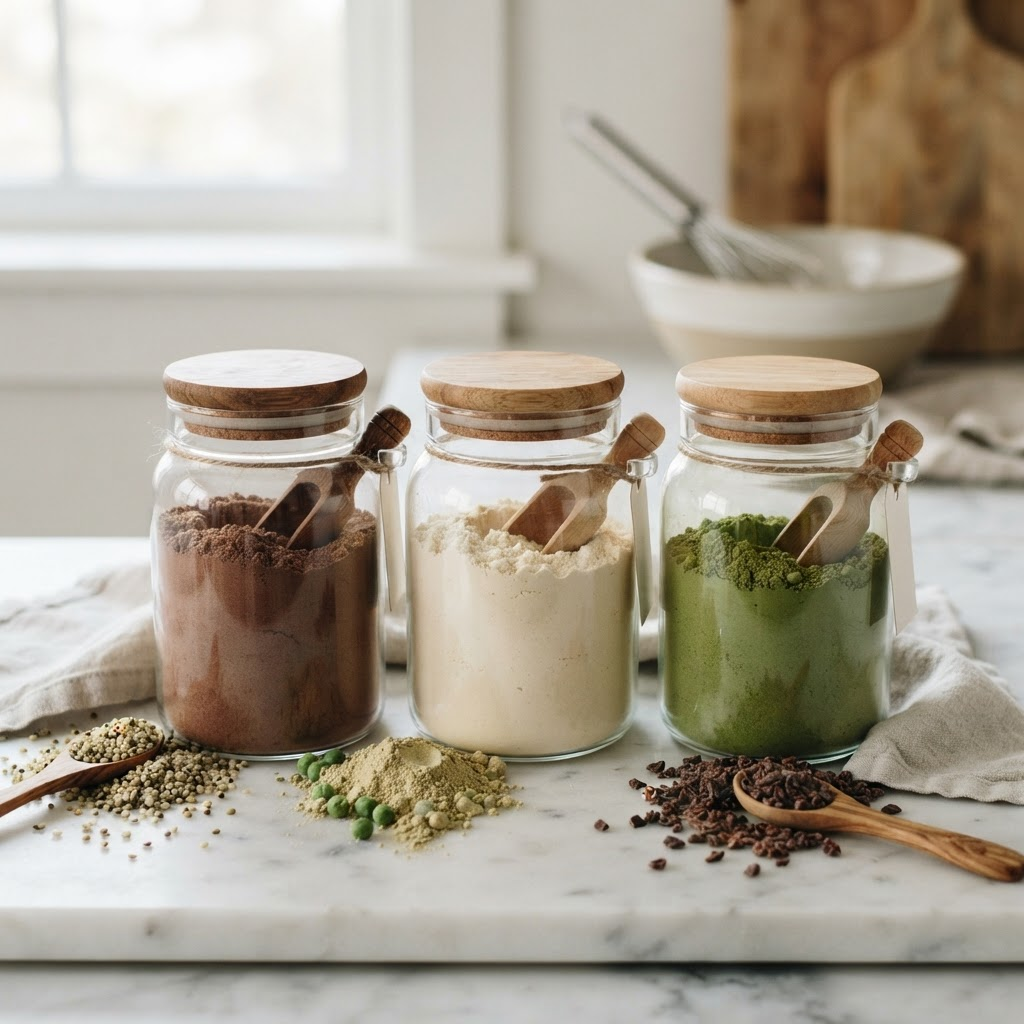 Plant-based protein powders in glass jars with wooden scoops on marble surface