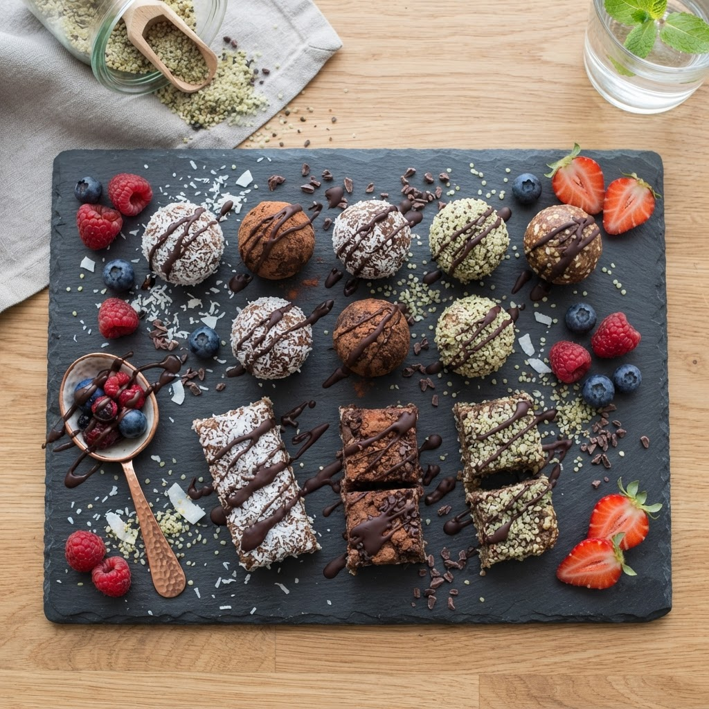 Vegan protein balls coated in coconut and cacao with berries on dark slate