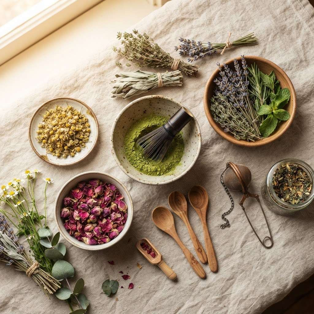 Artisan loose leaf herbal teas with dried flowers and wooden tea spoons on linen